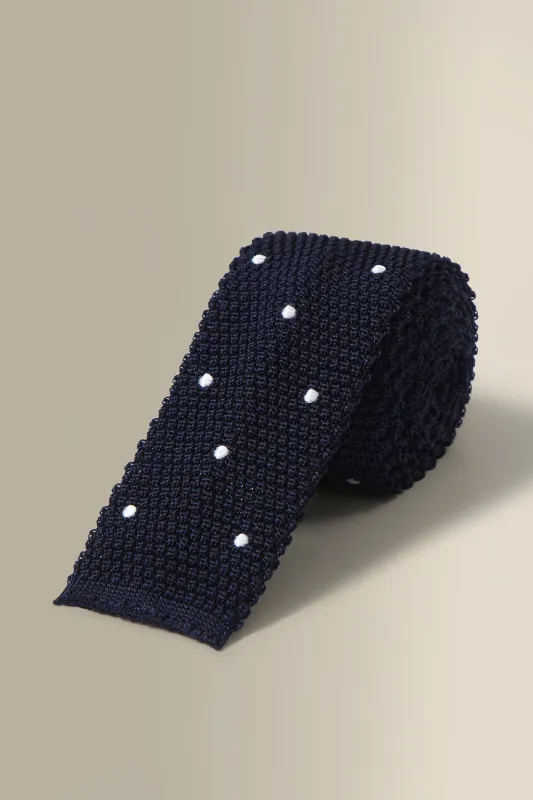 Navy & White Spot Knitted Silk Tie sold by New & Lingwood