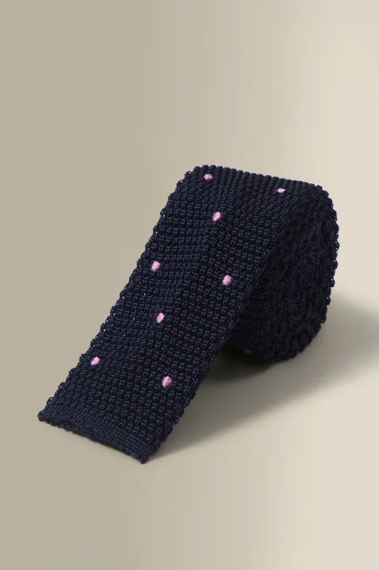 Navy & Pink Spot Knitted Silk Tie sold by New & Lingwood