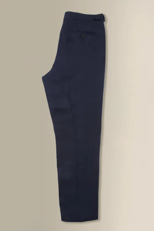 Navy Single Pleat Linen Twill Trousers made by New & Lingwood