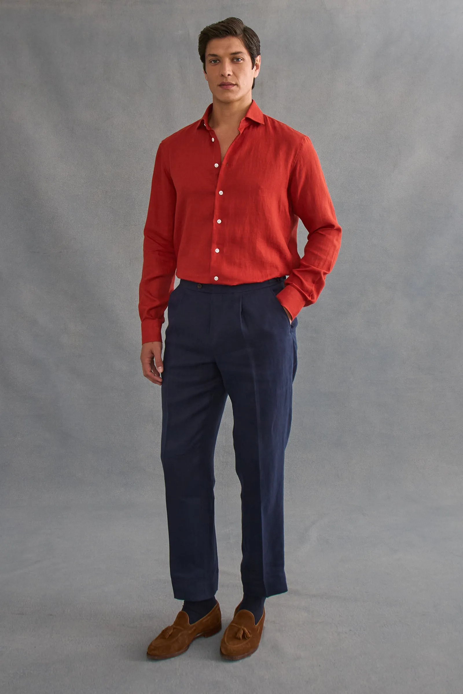Rust Cutaway Collar Standard Fit Single Cuff Linen Shirt sold by New & Lingwood product image thumbnail 2