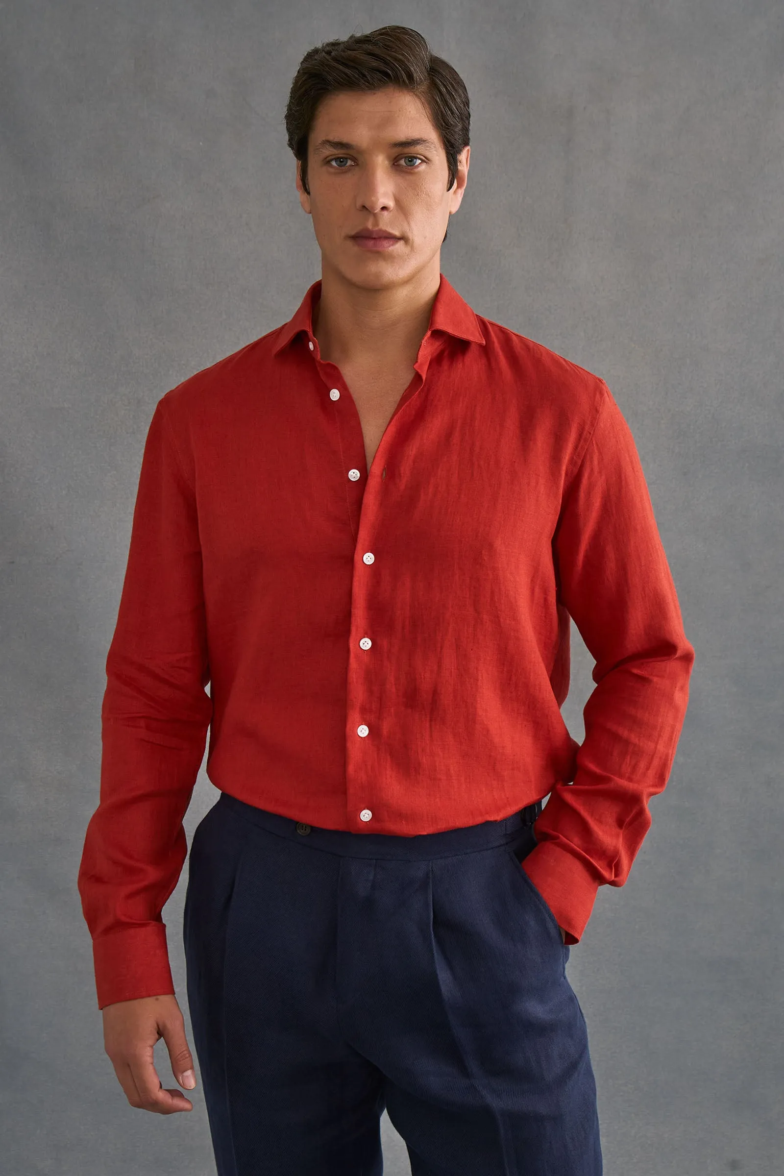 Rust Cutaway Collar Standard Fit Single Cuff Linen Shirt sold by New & Lingwood