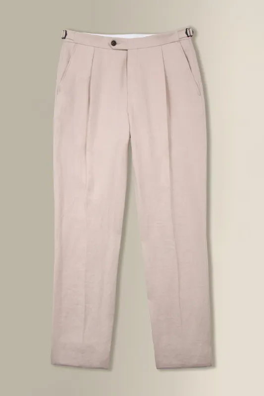 Cream Single Pleat Linen Twill Trousers made by New & Lingwood