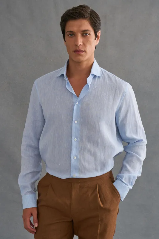 Light Blue Cutaway Collar Standard Fit Single Cuff Linen Shirt made by New & Lingwood