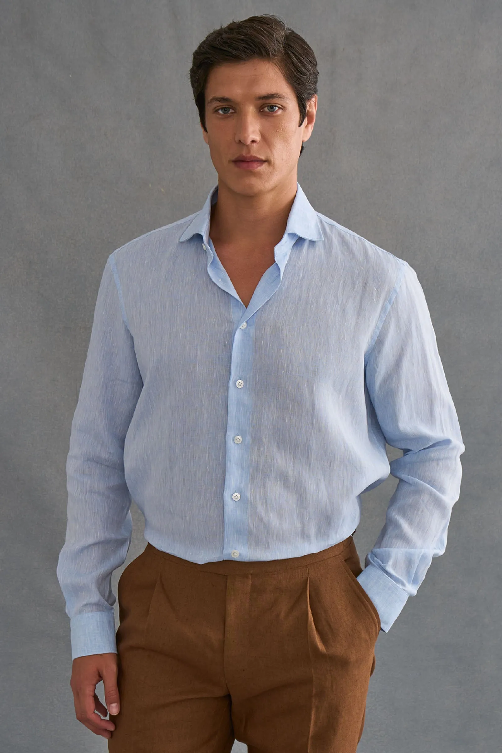 Light Blue Cutaway Collar Standard Fit Single Cuff Linen Shirt sold by New & Lingwood