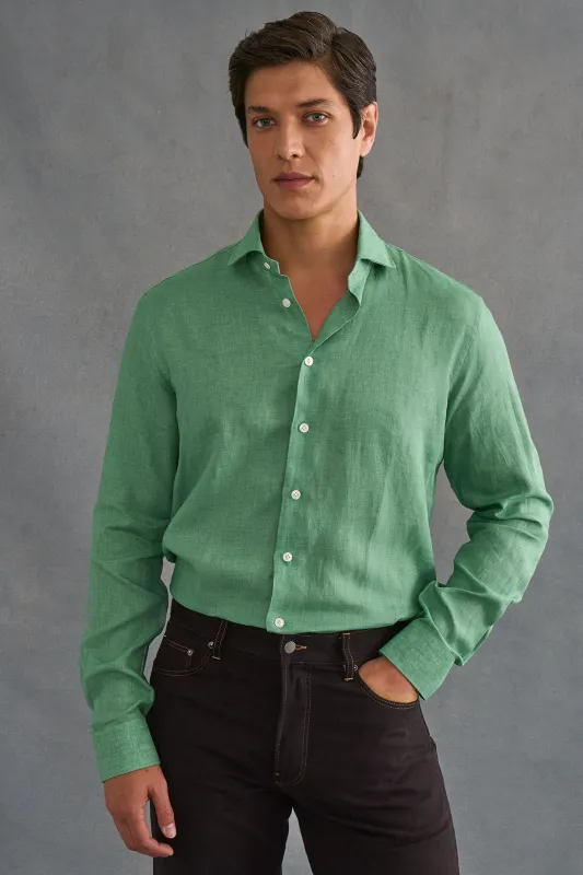 Green Cutaway Collar Standard Fit Single Cuff Linen Shirt made by New & Lingwood