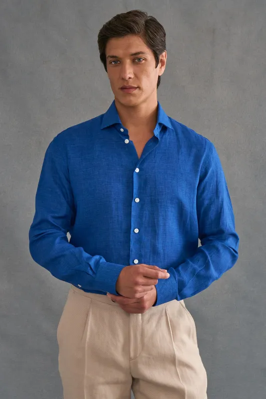 Cobalt Cutaway Collar Standard Fit Single Cuff Linen Shirt made by New & Lingwood