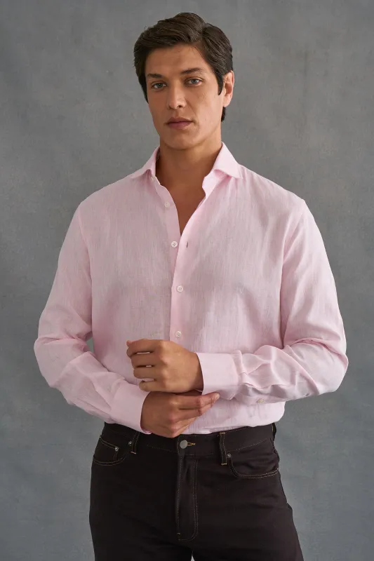 Pink Cutaway Collar Standard Fit Single Cuff Linen Shirt made by New & Lingwood
