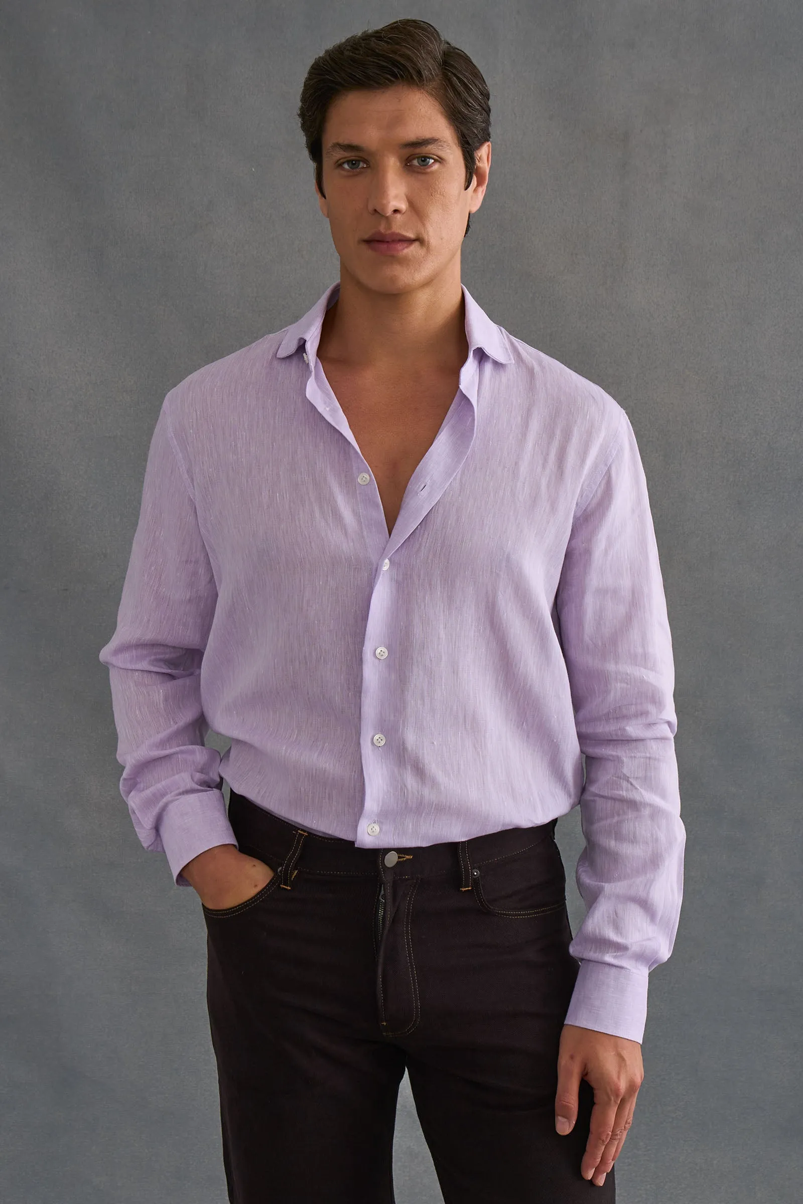 Lilac Cutaway Collar Standard Fit Single Cuff Linen Shirt sold by New & Lingwood