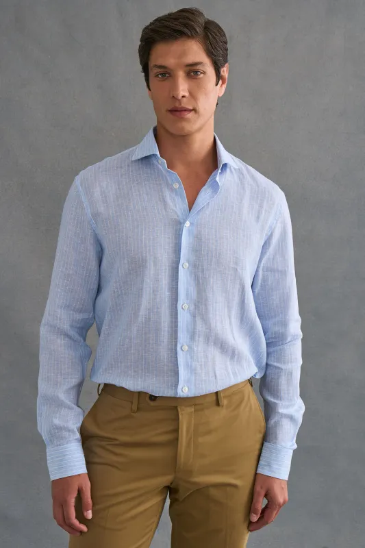 Blue & White Stripe Cutaway Collar Tailored Fit Single Cuff Linen Shirt made by New & Lingwood