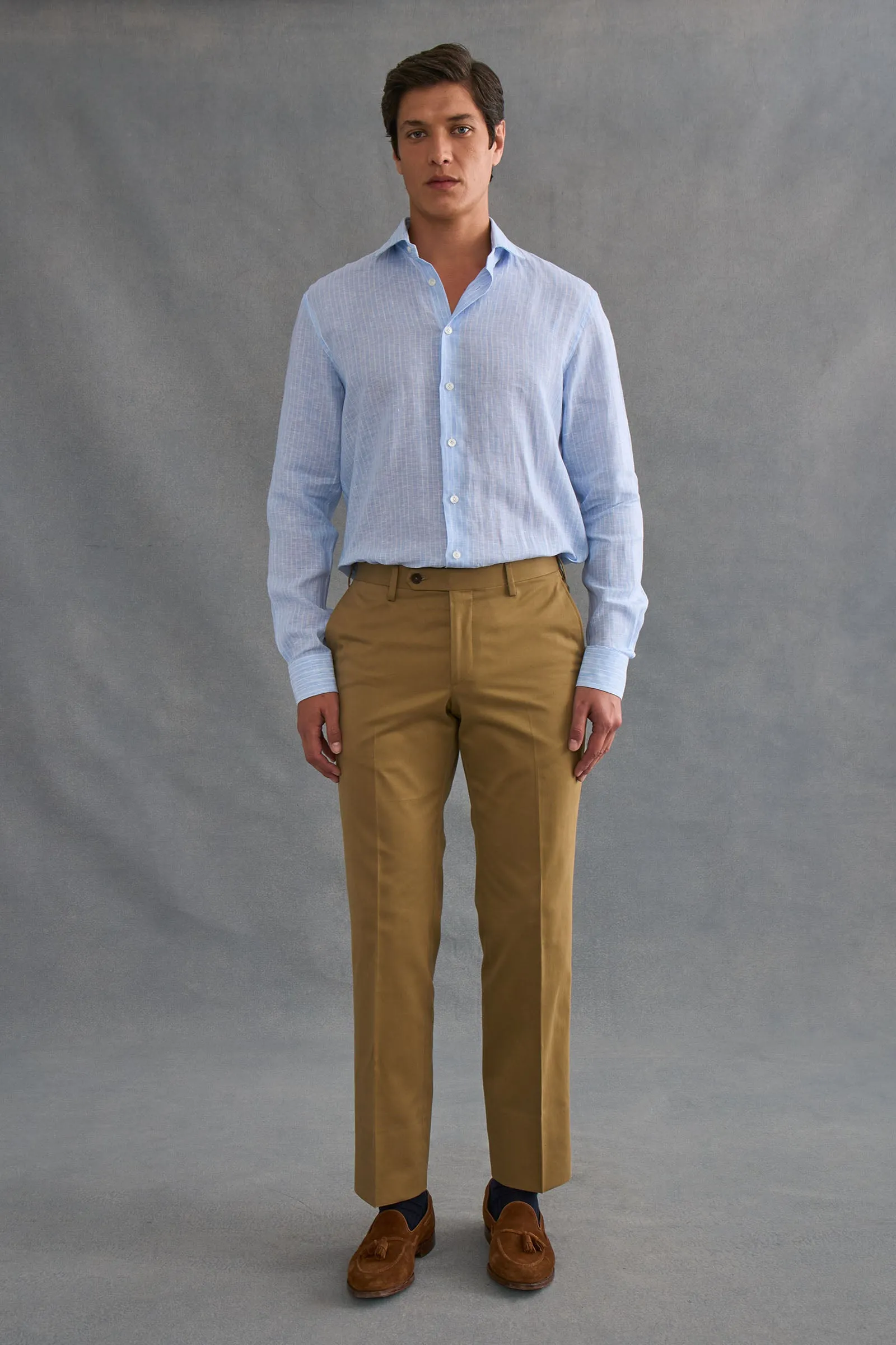 Blue & White Stripe Cutaway Collar Tailored Fit Single Cuff Linen Shirt sold by New & Lingwood product image thumbnail 2