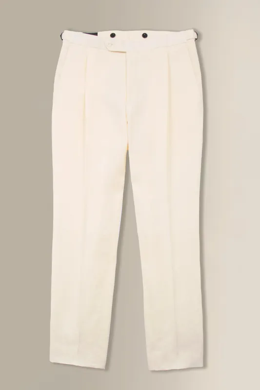 Cream Single Pleat Linen Trousers made by New & Lingwood