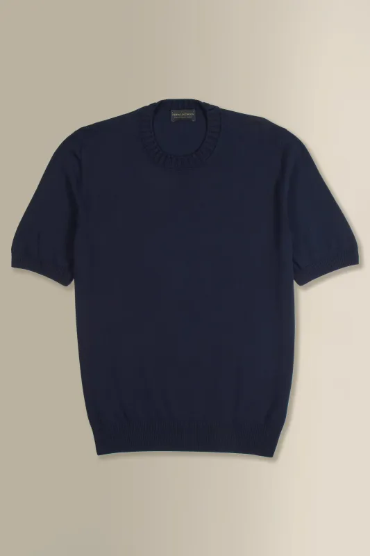 Navy Crew Neck Short Sleeve Knitted T-Shirt made by New & Lingwood