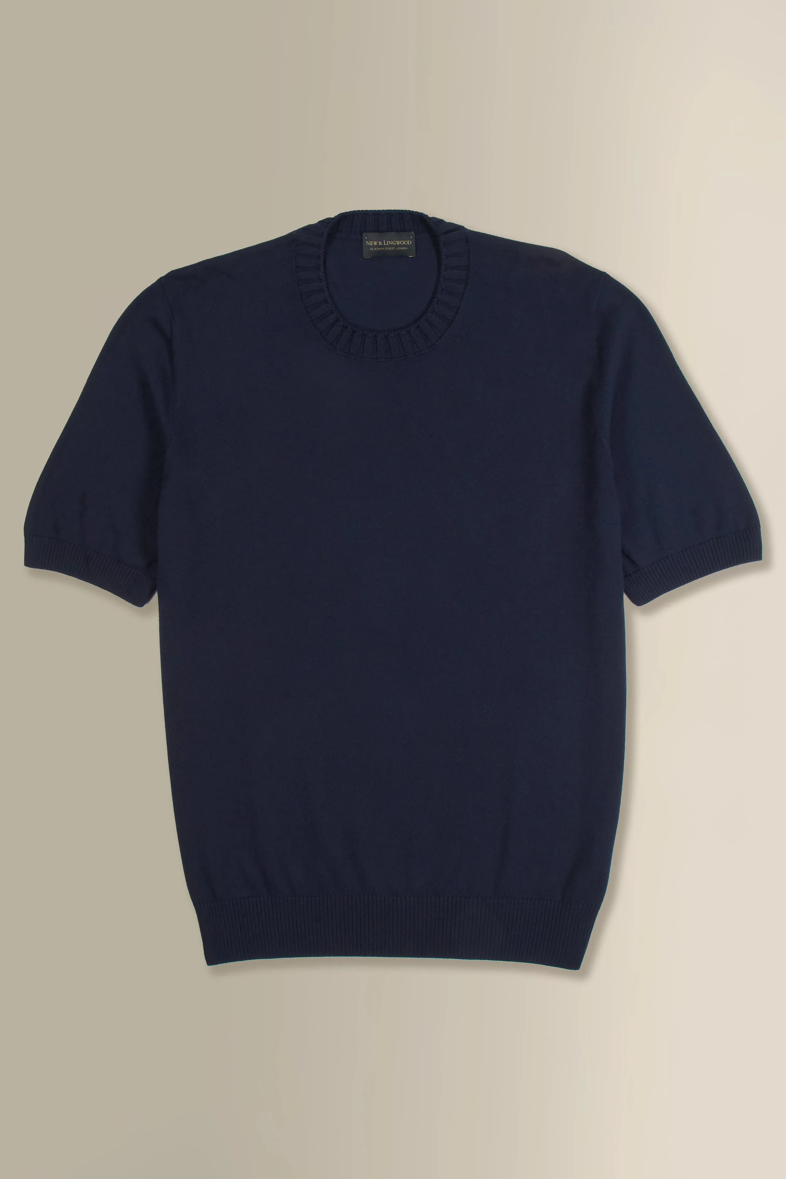 Navy Crew Neck Short Sleeve Knitted T-Shirt sold by New & Lingwood