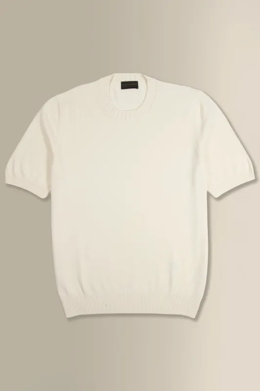 Cream Crew Neck Short Sleeve Knitted T-Shirt made by New & Lingwood