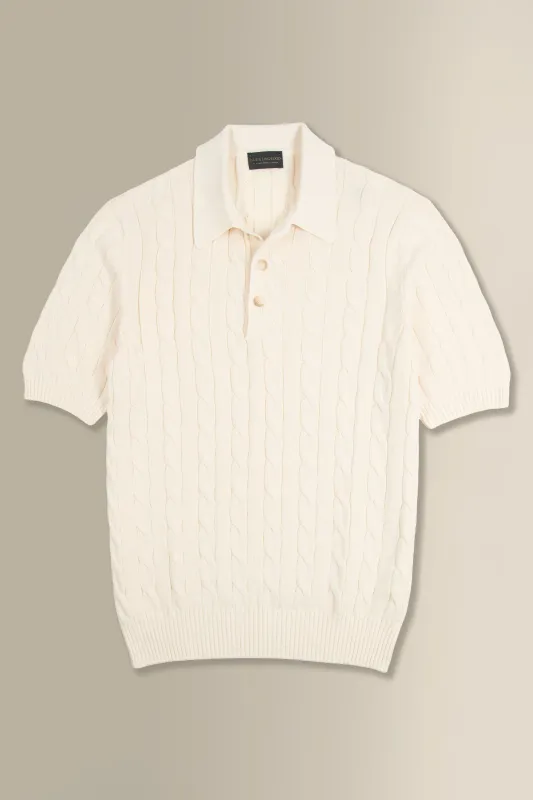 Cream Cable Knit Short Sleeve Polo Shirt made by New & Lingwood