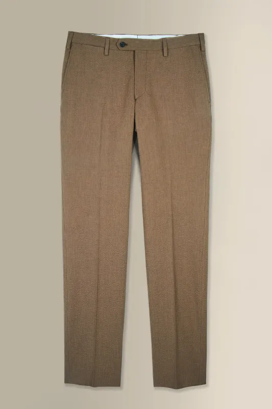Brown Flat Front Seersucker Trousers made by New & Lingwood