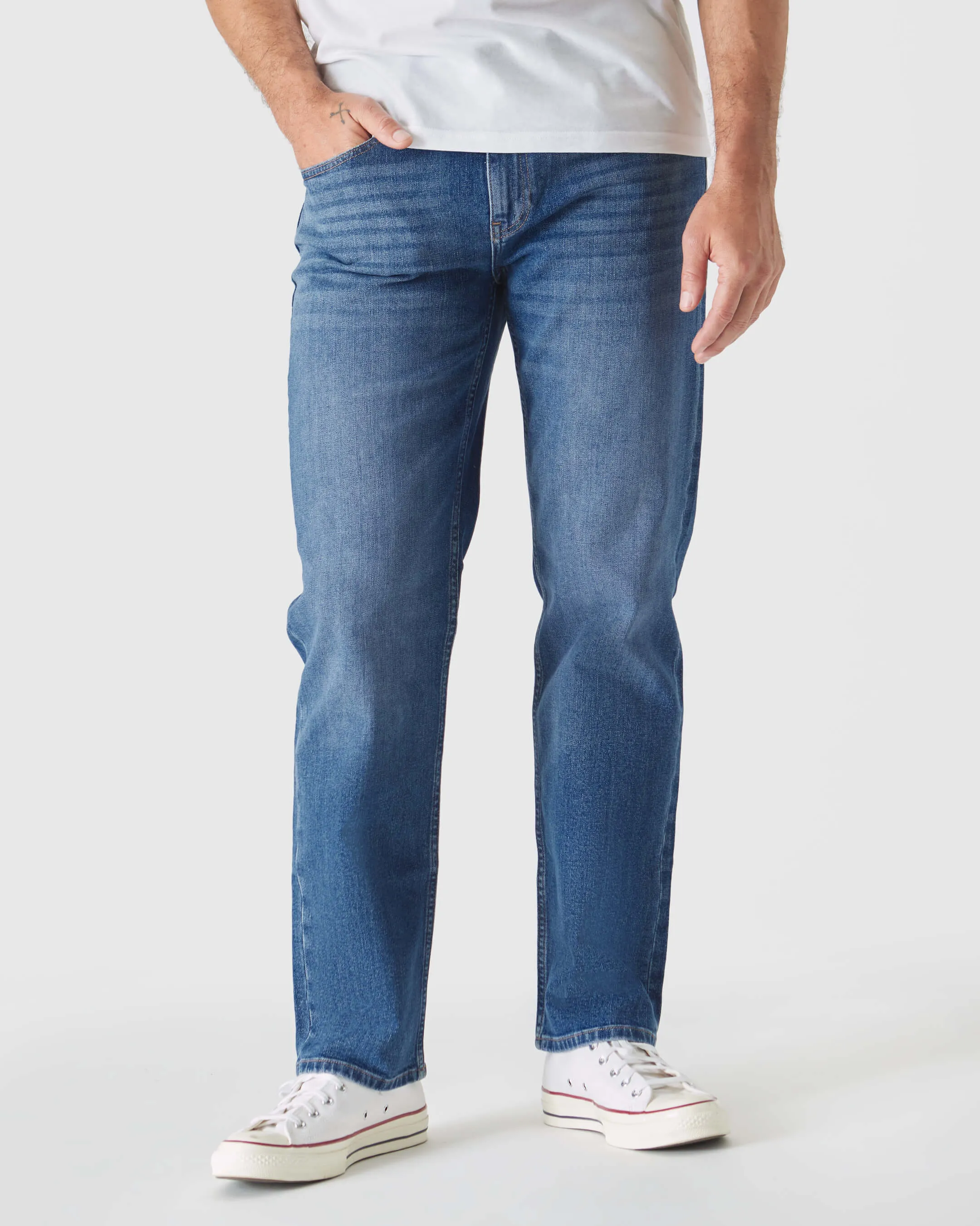 Medium Indigo Wash Straight Authentic Denim Jeans sold by True Classic