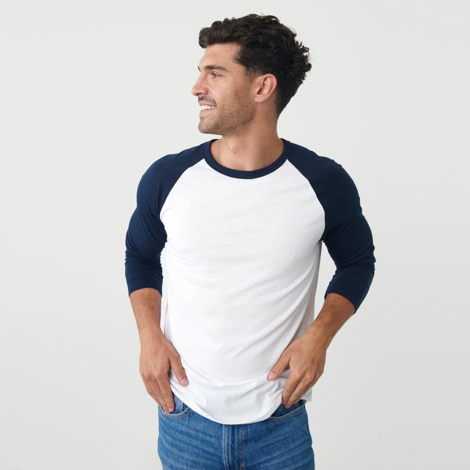 White/Navy Baseball Raglan sold by True Classic