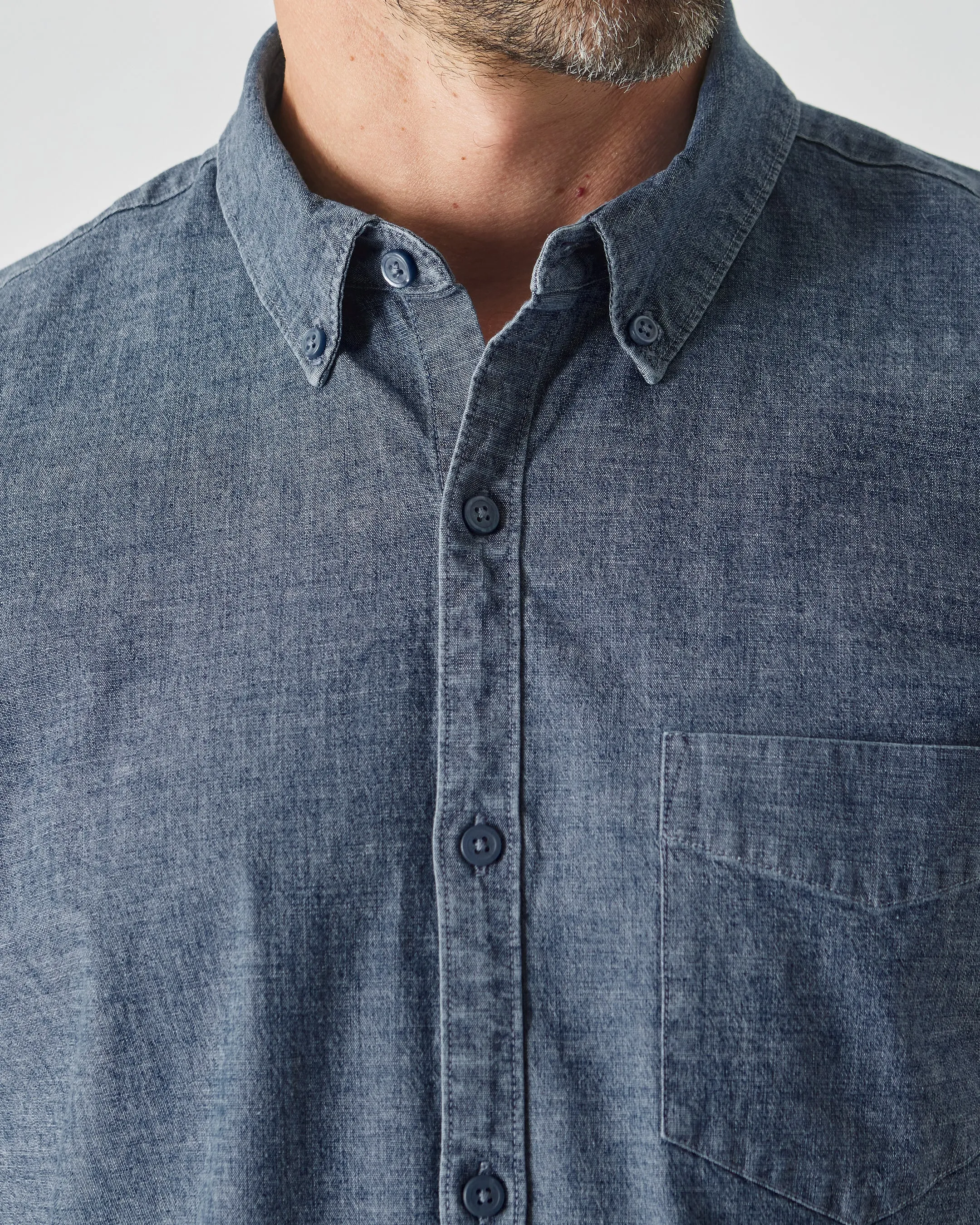 Medium Indigo Wash Short Sleeve Stretch Chambray Shirt sold by True Classic product image thumbnail 5