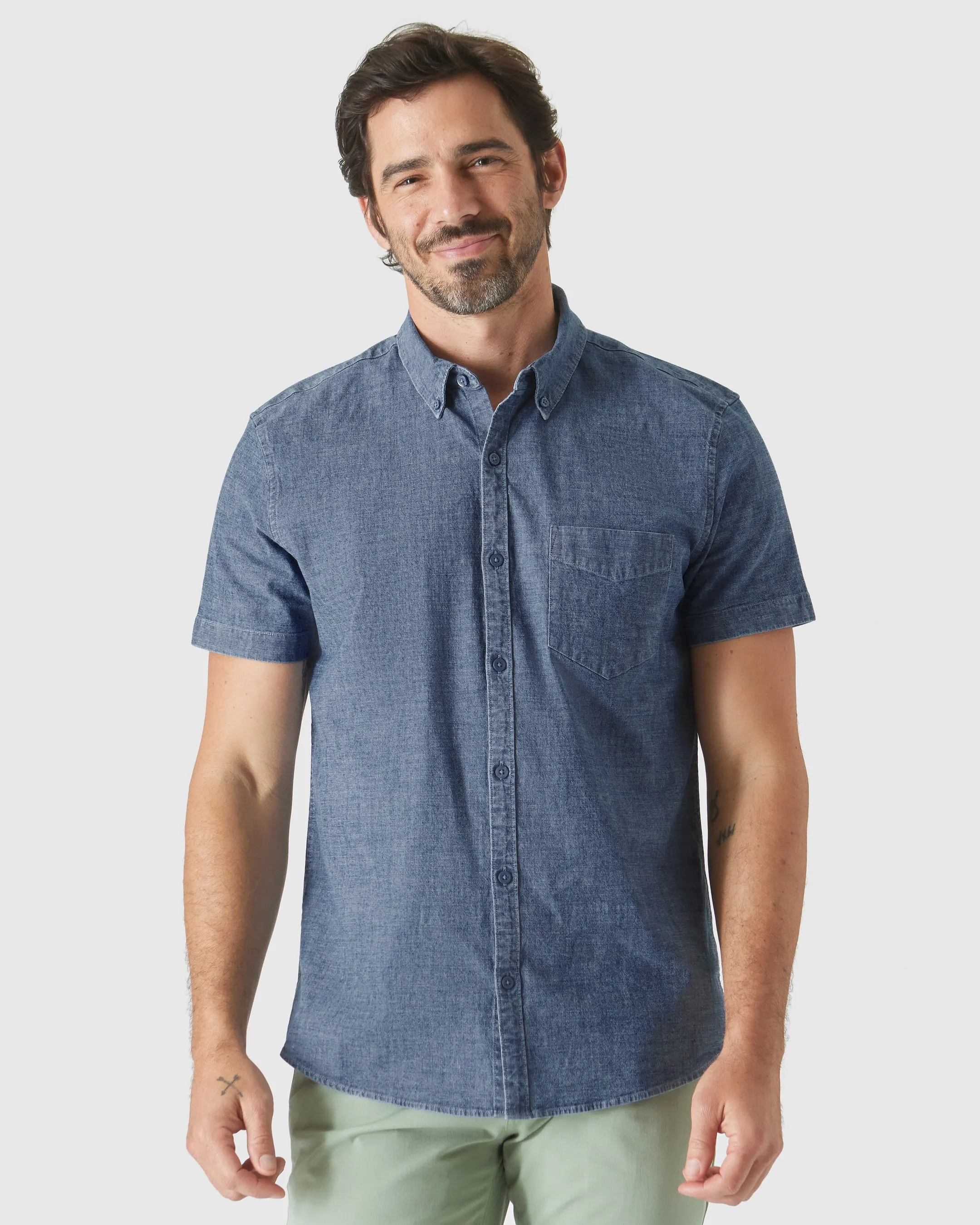 Medium Indigo Wash Short Sleeve Stretch Chambray Shirt sold by True Classic