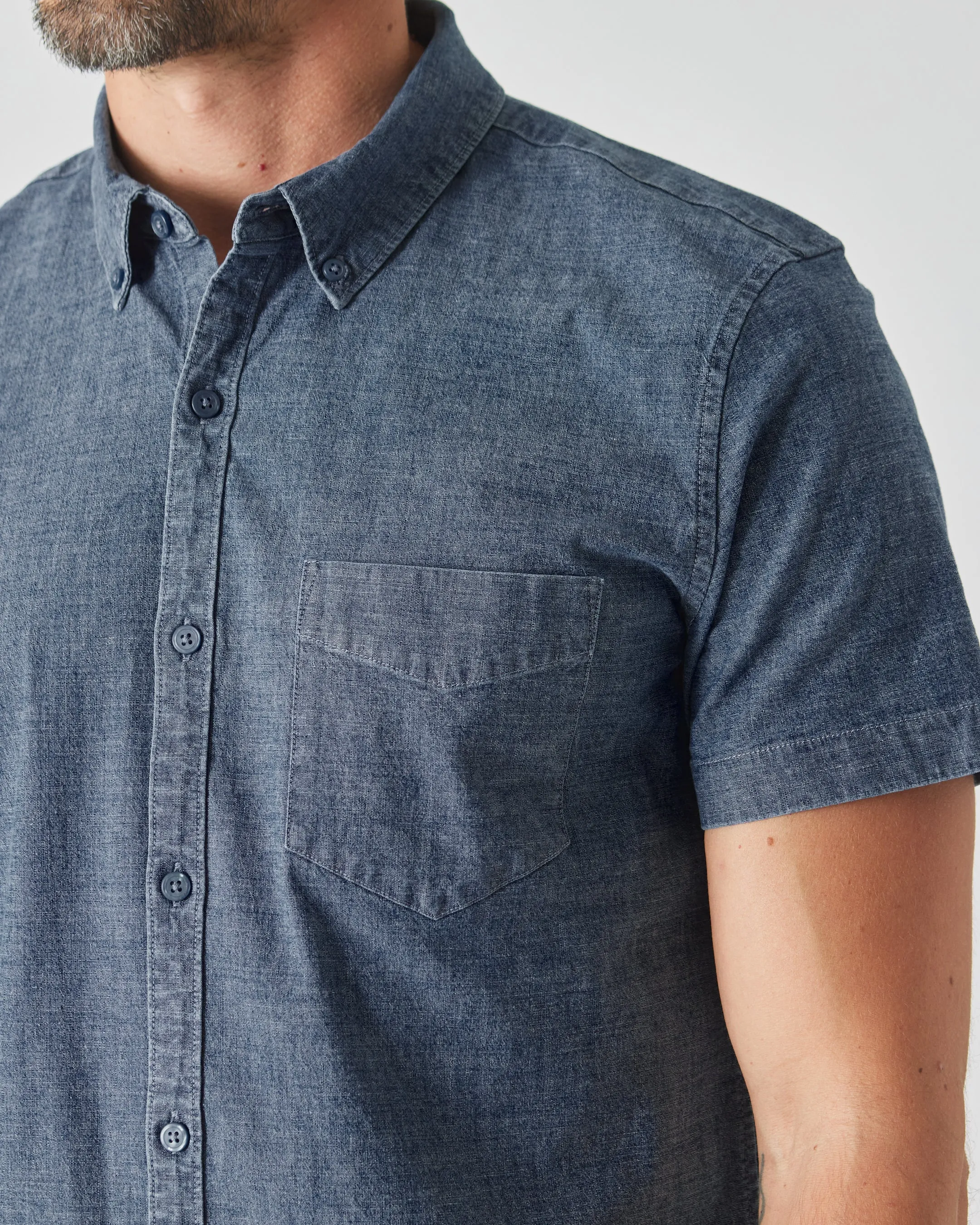 Medium Indigo Wash Short Sleeve Stretch Chambray Shirt sold by True Classic product image thumbnail 4