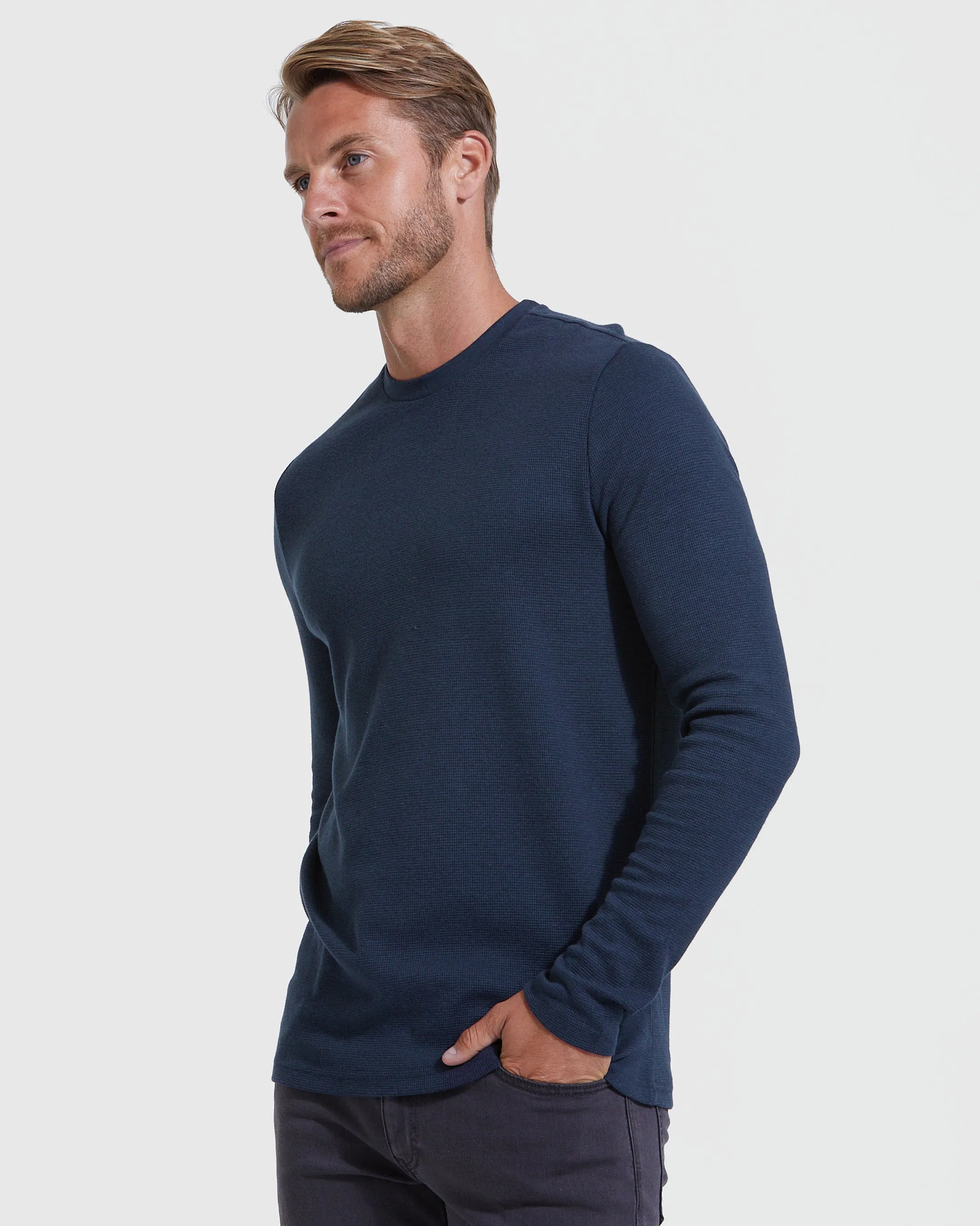 Navy Waffle Long Sleeve Crew Neck sold by True Classic product image thumbnail 3
