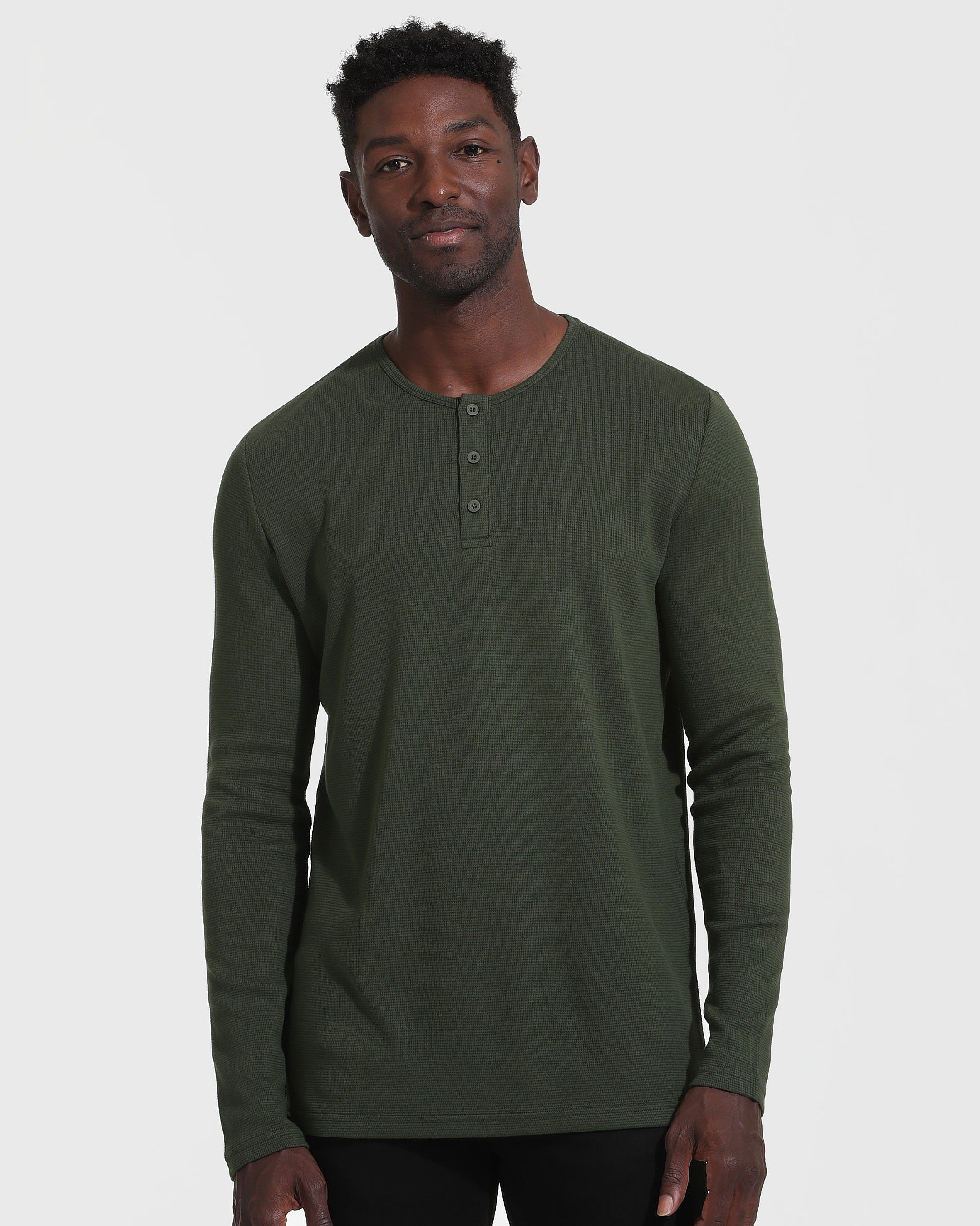 Dark Olive Long Sleeve Waffle Henley sold by True Classic