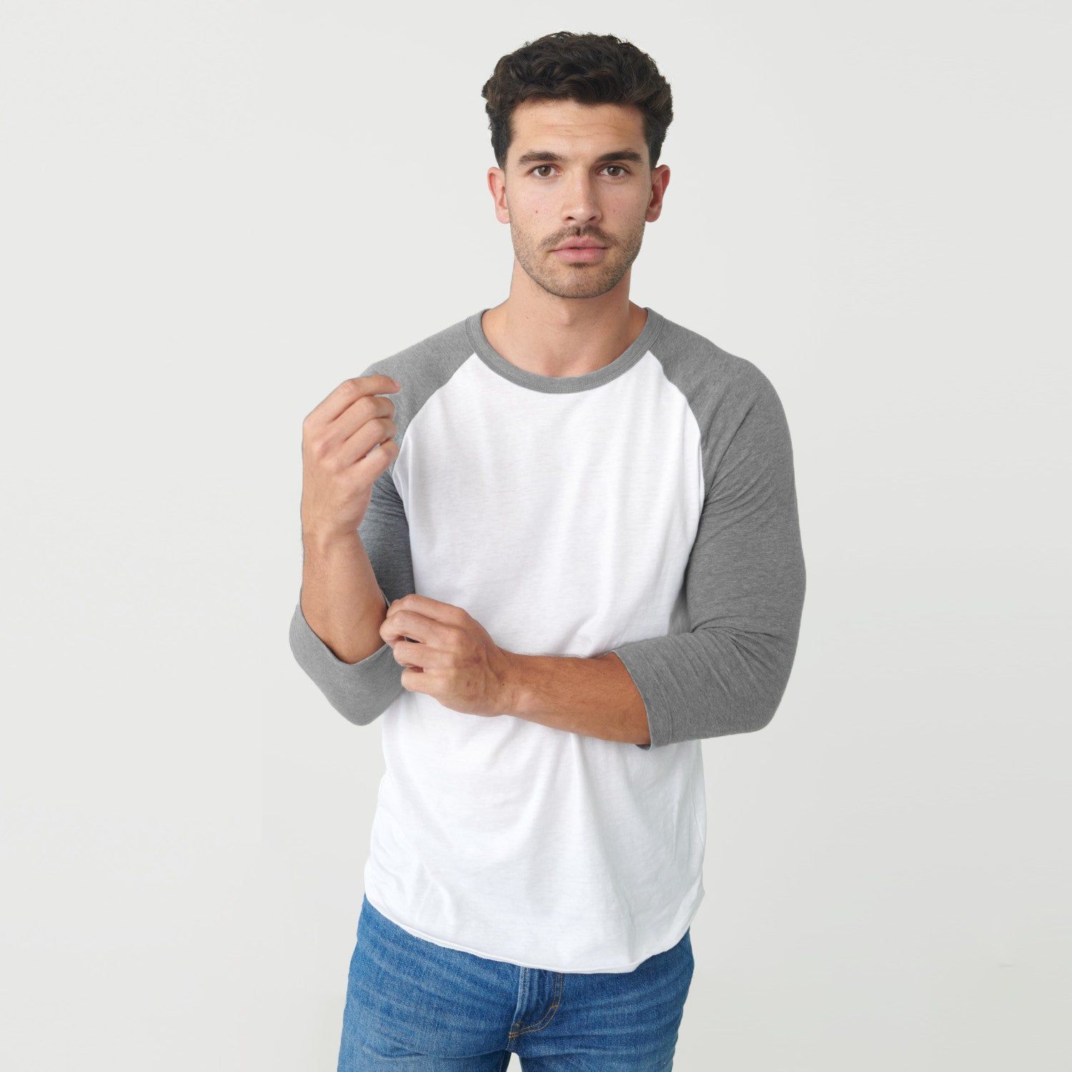White/Heather Gray Baseball Raglan sold by True Classic
