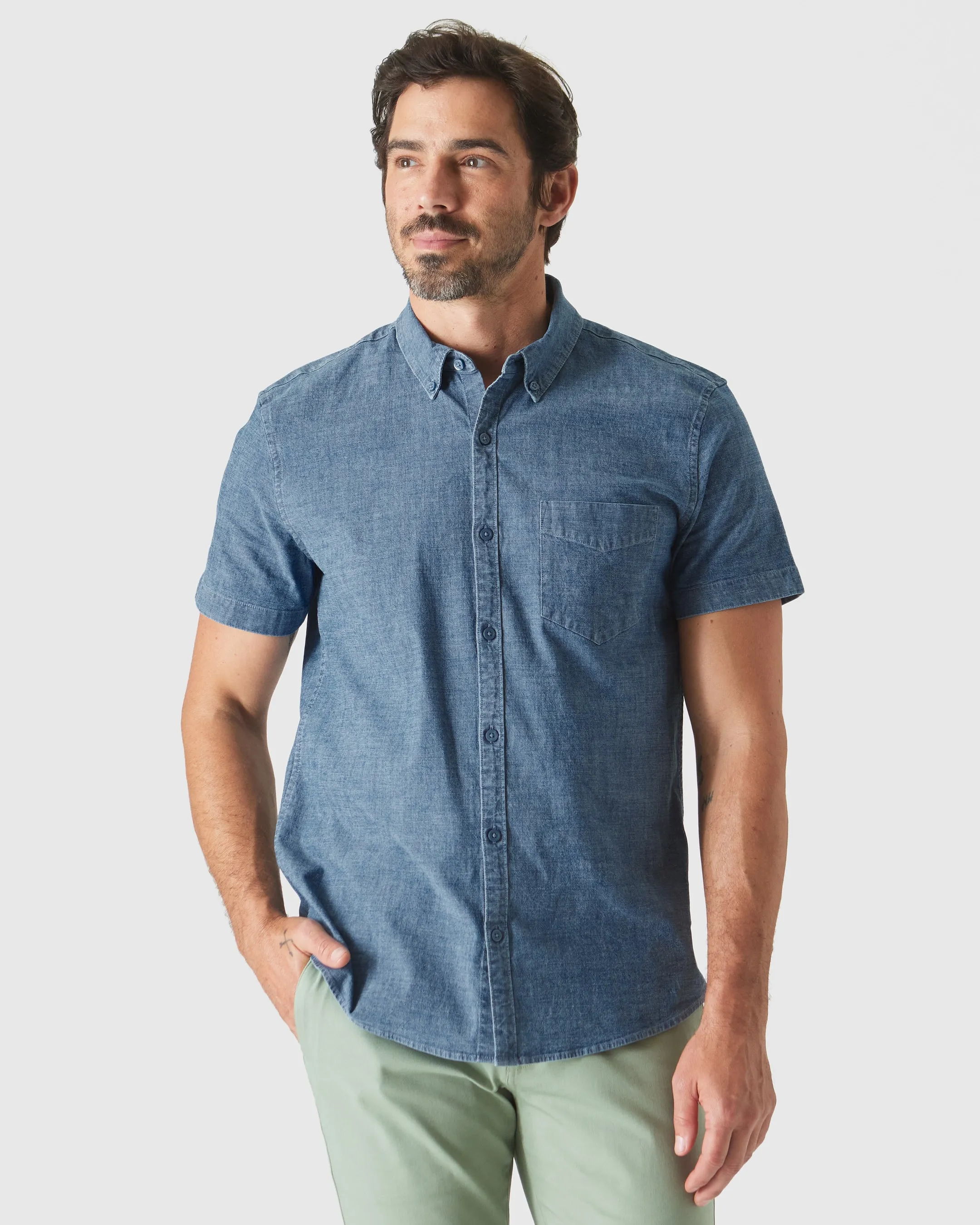 Light Indigo Wash Short Sleeve Stretch Chambray Shirt sold by True Classic