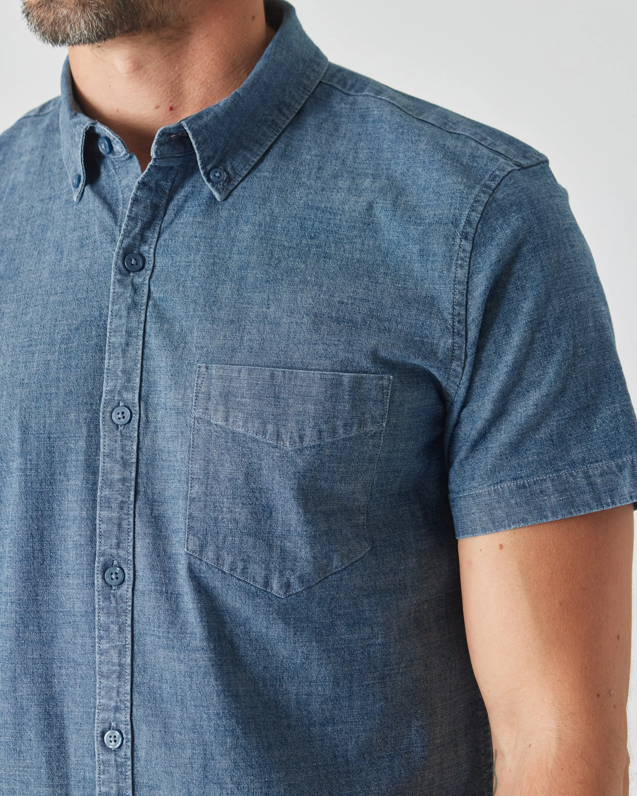 Light Indigo Wash Short Sleeve Stretch Chambray Shirt sold by True Classic product image thumbnail 5