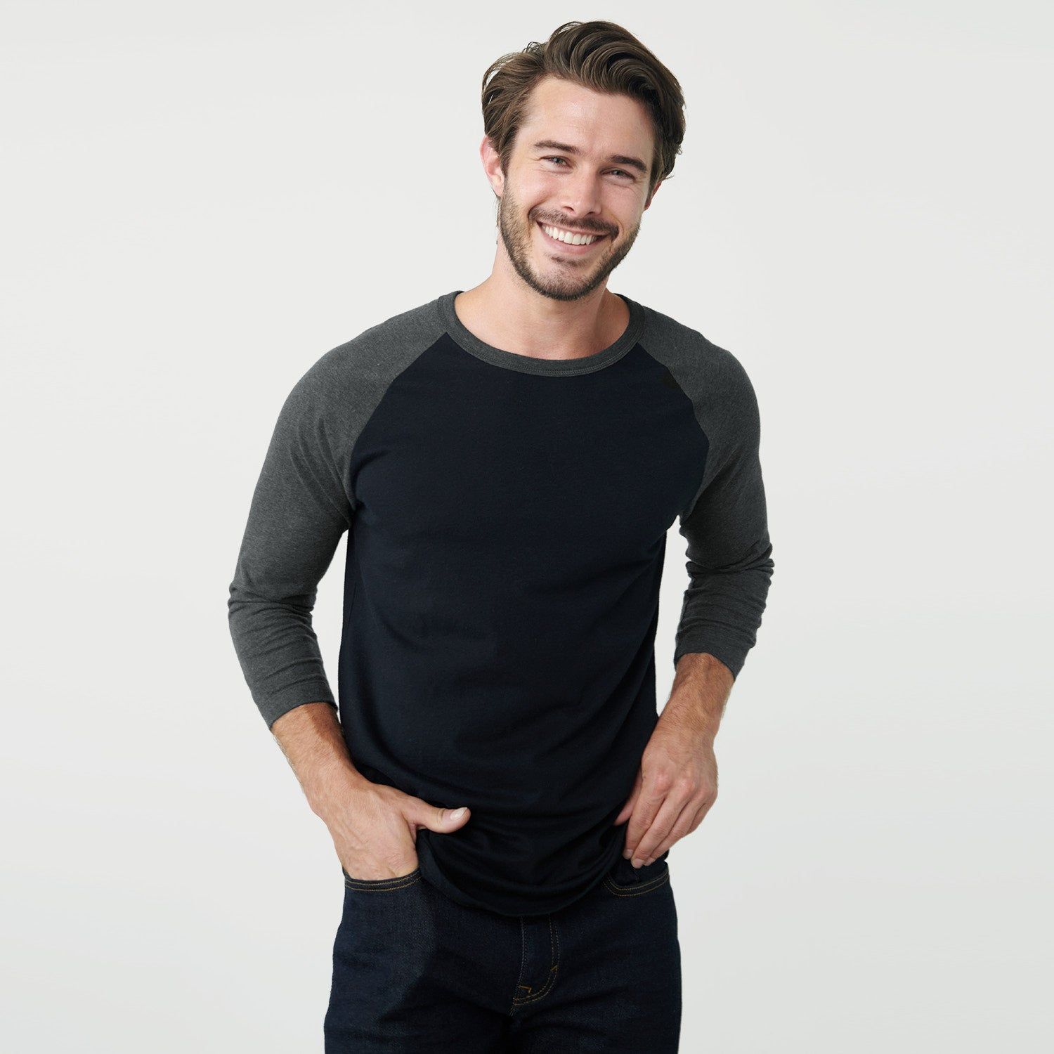 Black/Charcoal Heather Baseball Raglan sold by True Classic
