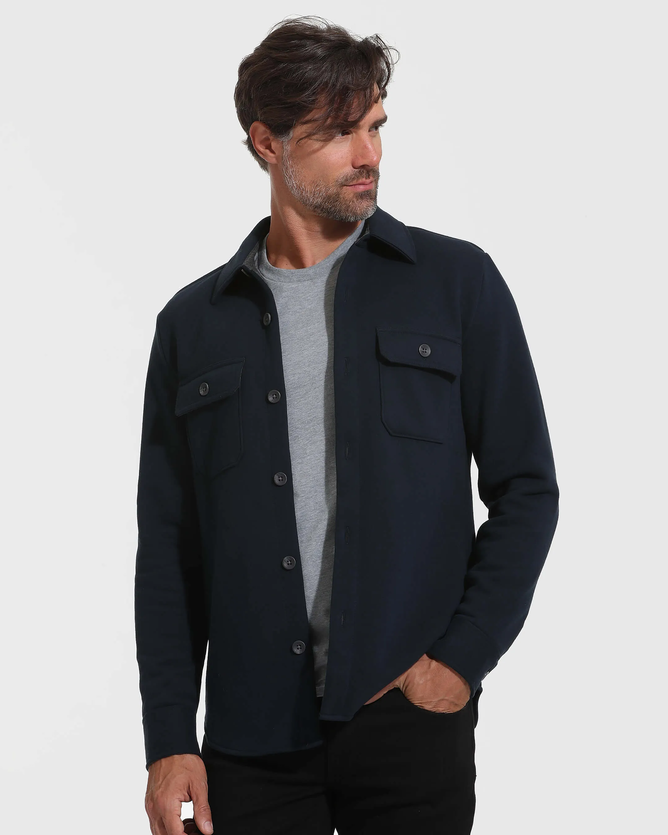 Navy Fleece Shacket sold by True Classic
