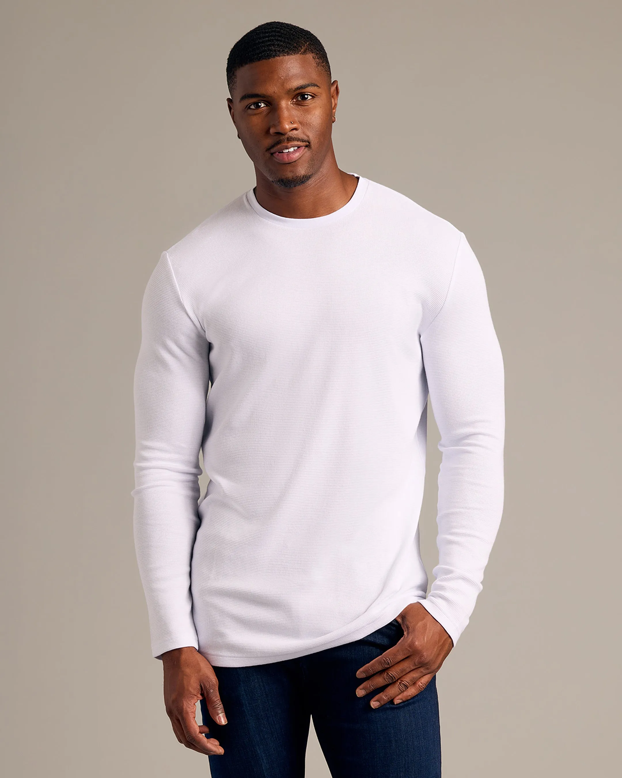 White Long Sleeve Tall Waffle Crew sold by True Classic