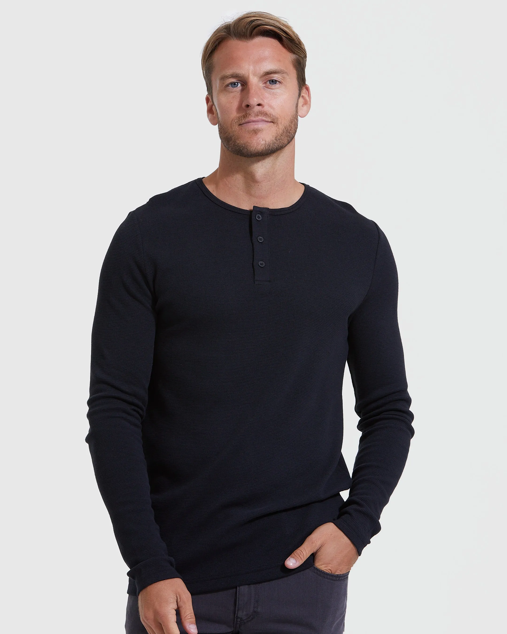 Black Waffle Long Sleeve Henley 6-Pack sold by True Classic product image thumbnail 2