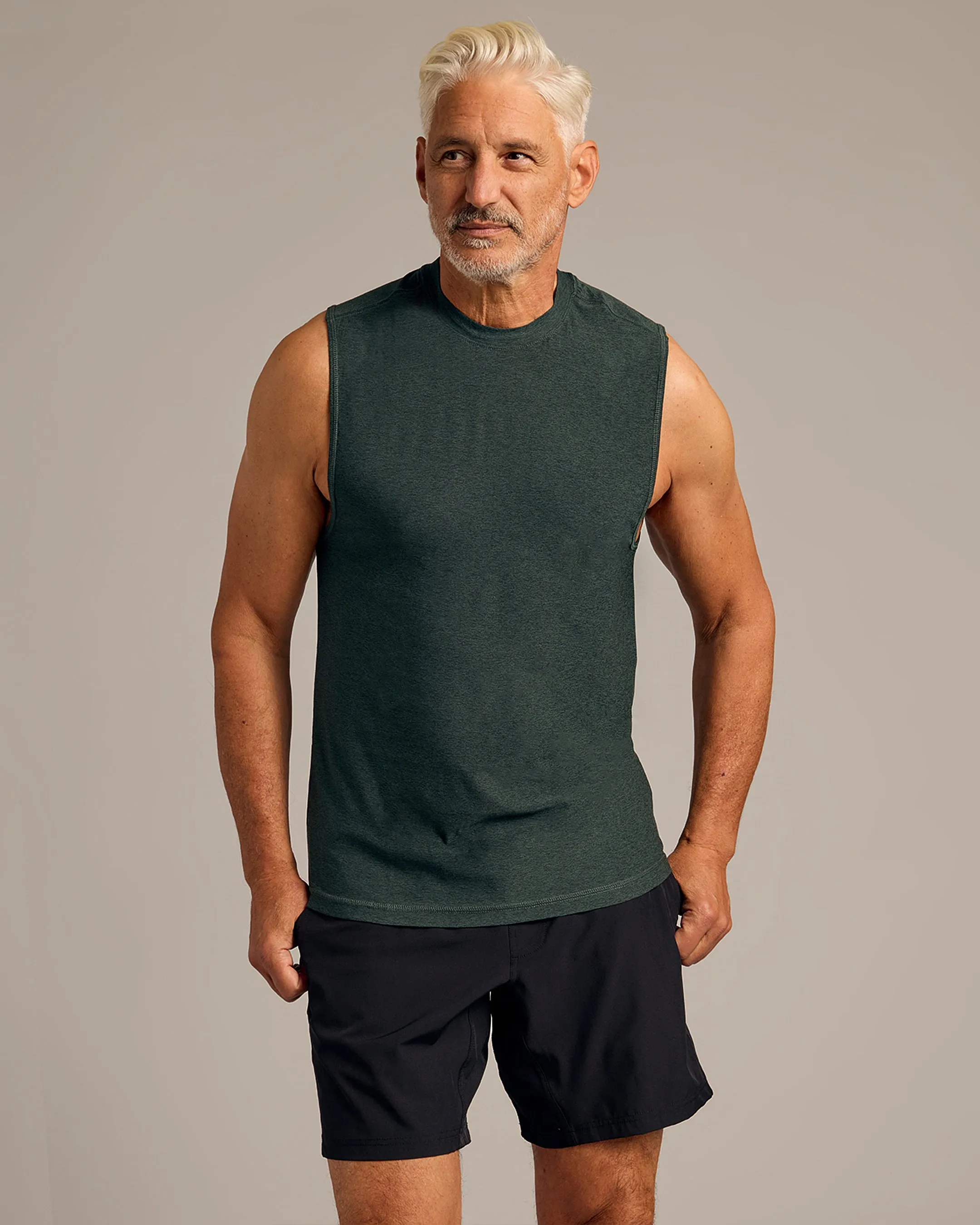 Dark Heather Forest Sleeveless Active Muscle Tee sold by True Classic
