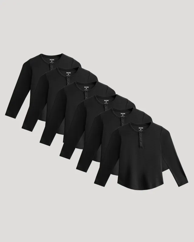 Boys' All Black Waffle Long Sleeve Curved Hem Henley 6-Pack sold by True Classic