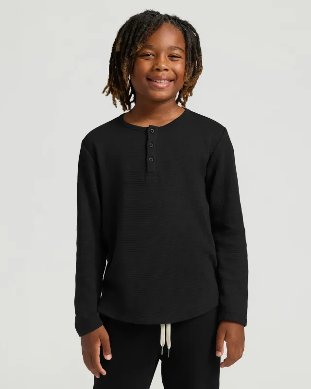 Boys' Black Waffle Long Sleeve Curved Hem Henley sold by True Classic