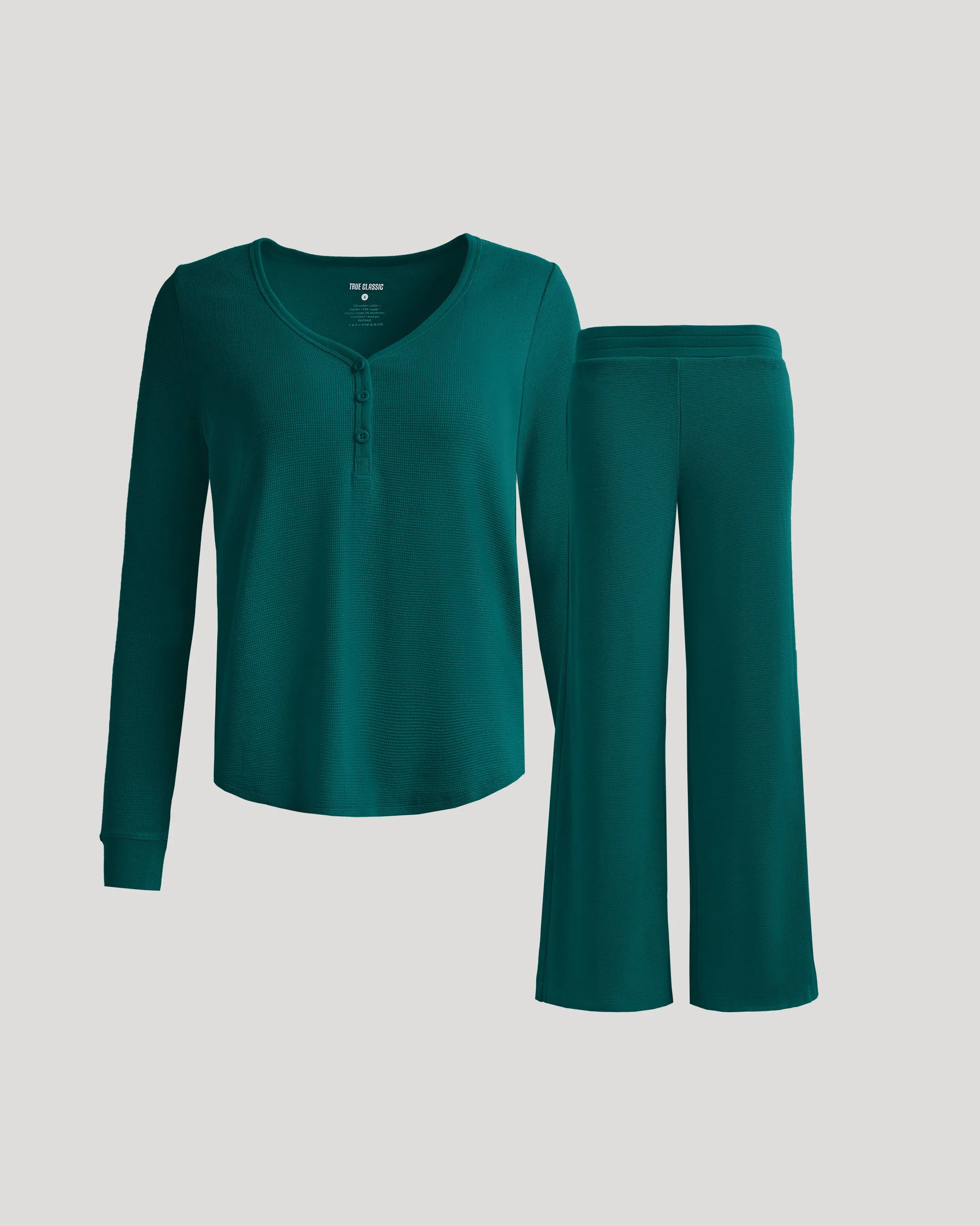 Womens Deep Emerald Waffle Long Sleeve Henley & Waffle Leg Pant 2-Pack sold by True Classic