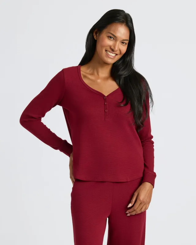 Womens Dark Maroon Waffle Long Sleeve Boxy Henley sold by True Classic
