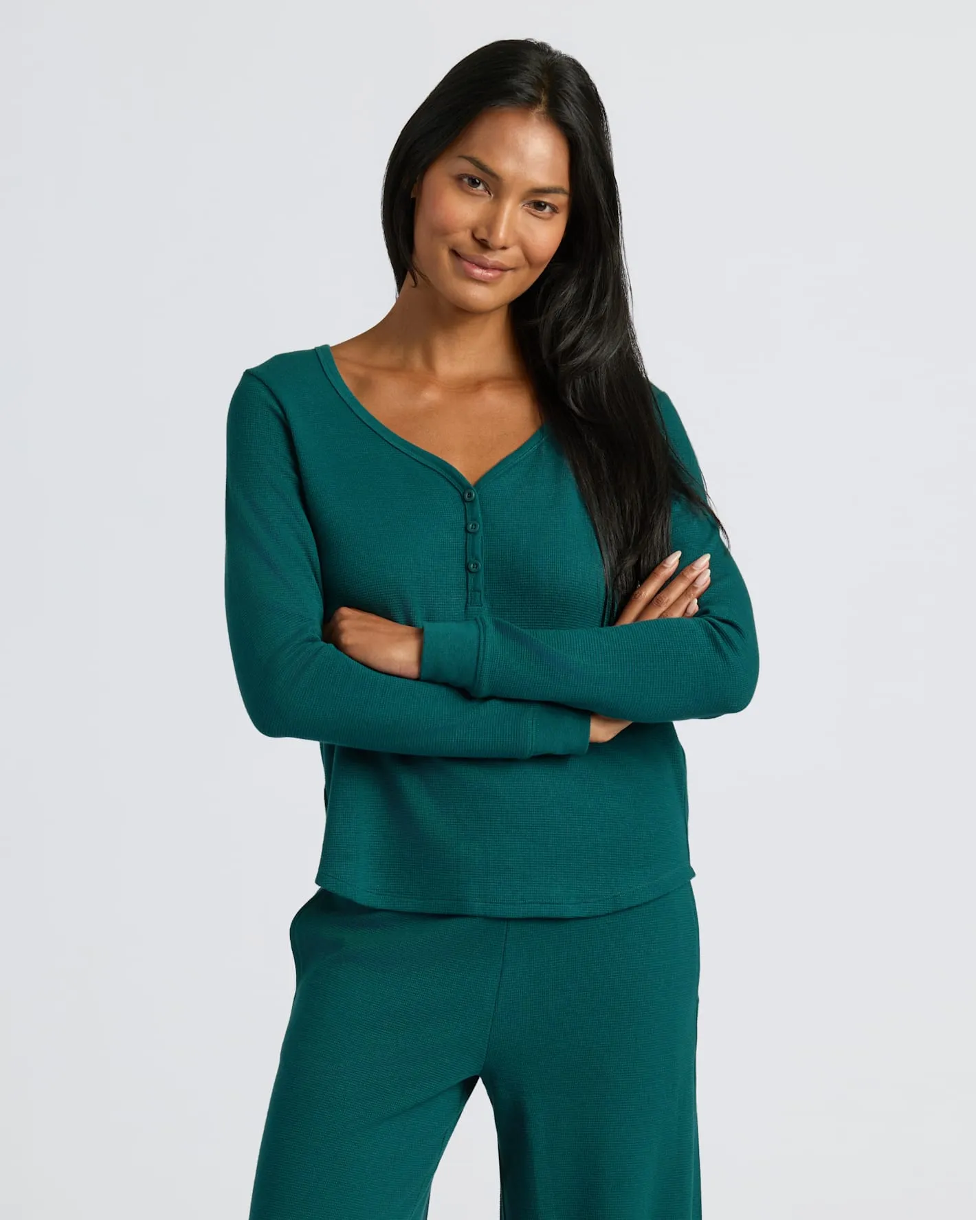 Womens Deep Emerald Waffle Long Sleeve Boxy Henley sold by True Classic product image thumbnail 5