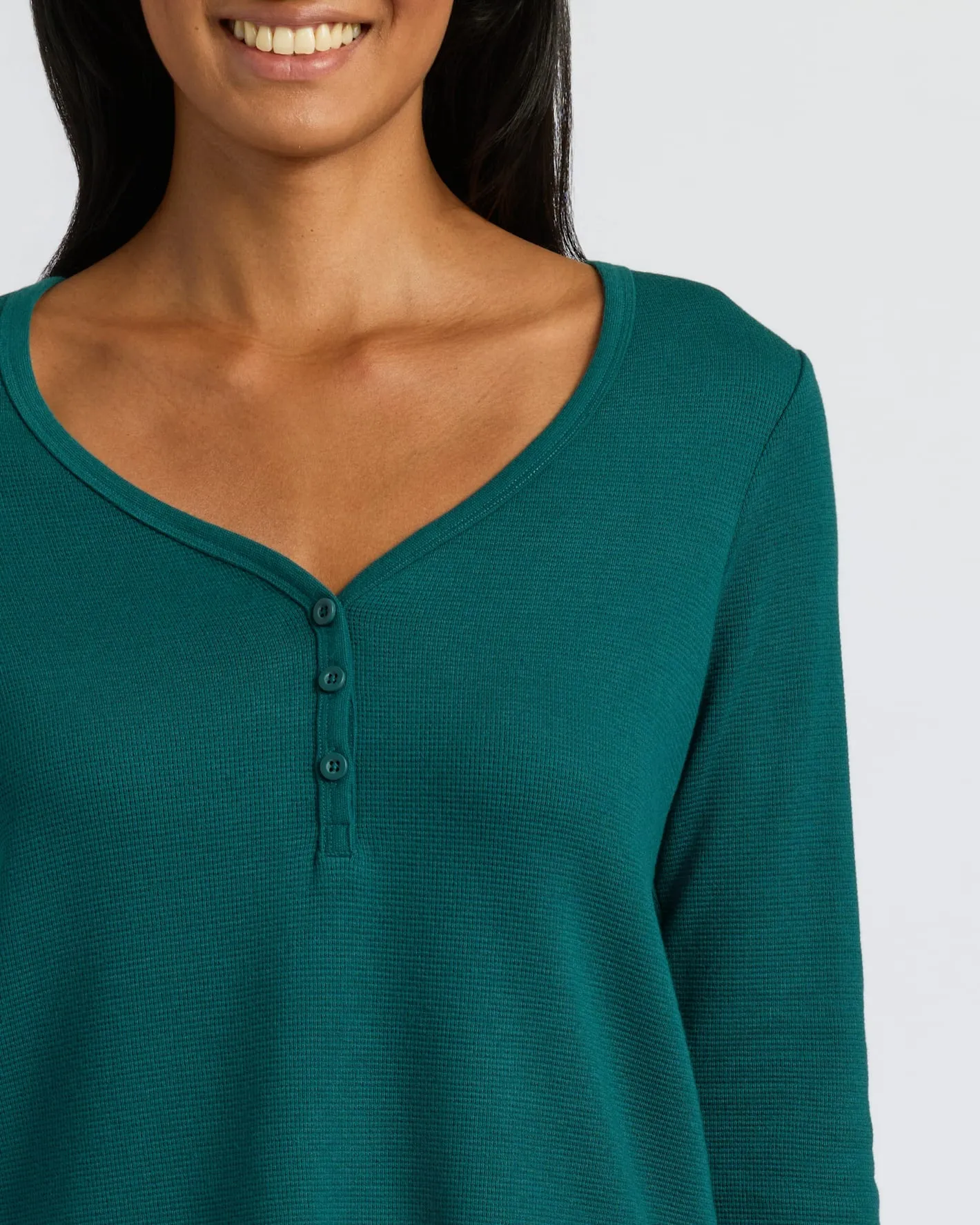 Womens Deep Emerald Waffle Long Sleeve Boxy Henley sold by True Classic product image thumbnail 4