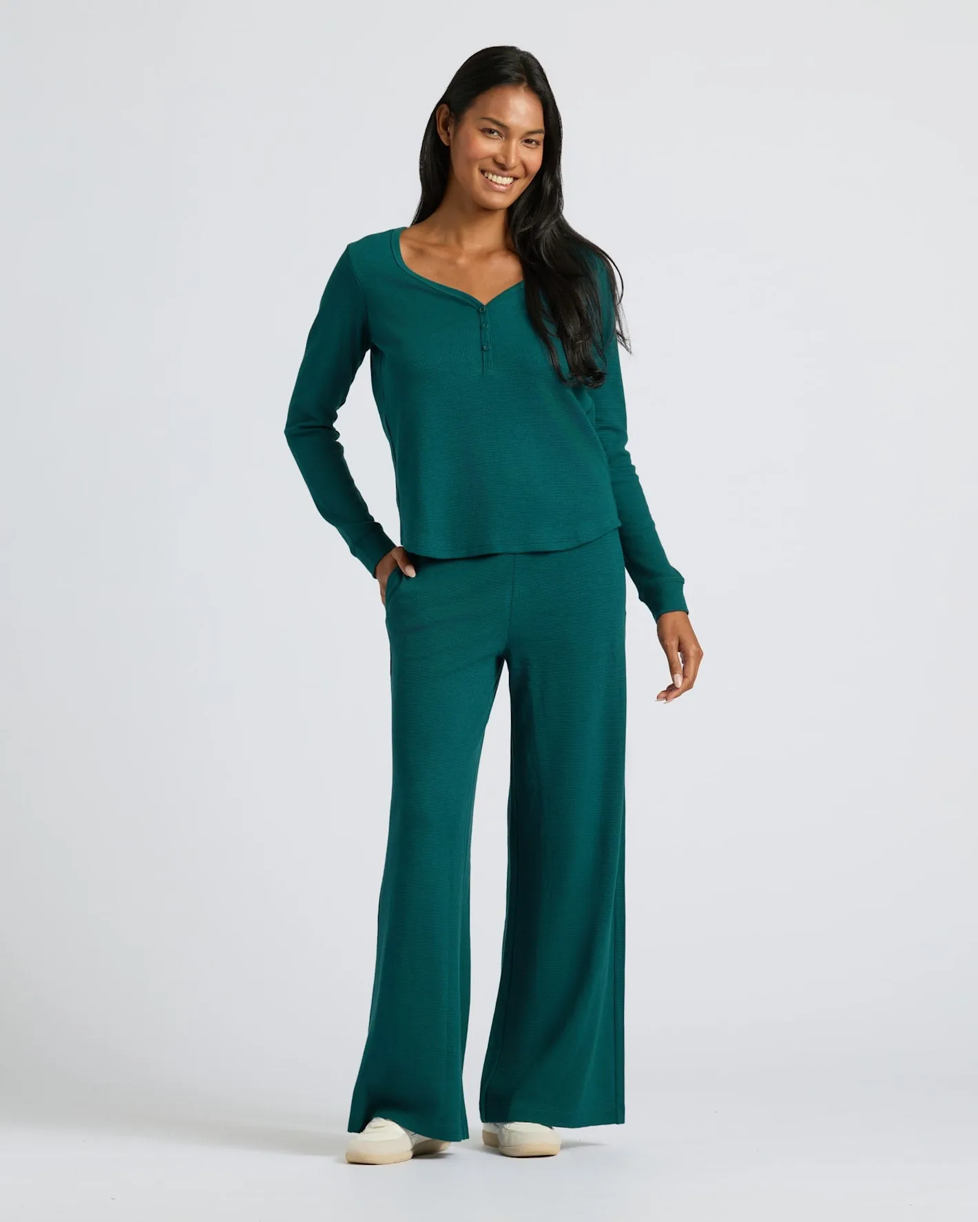 Womens Deep Emerald Waffle Long Sleeve Boxy Henley sold by True Classic product image thumbnail 2
