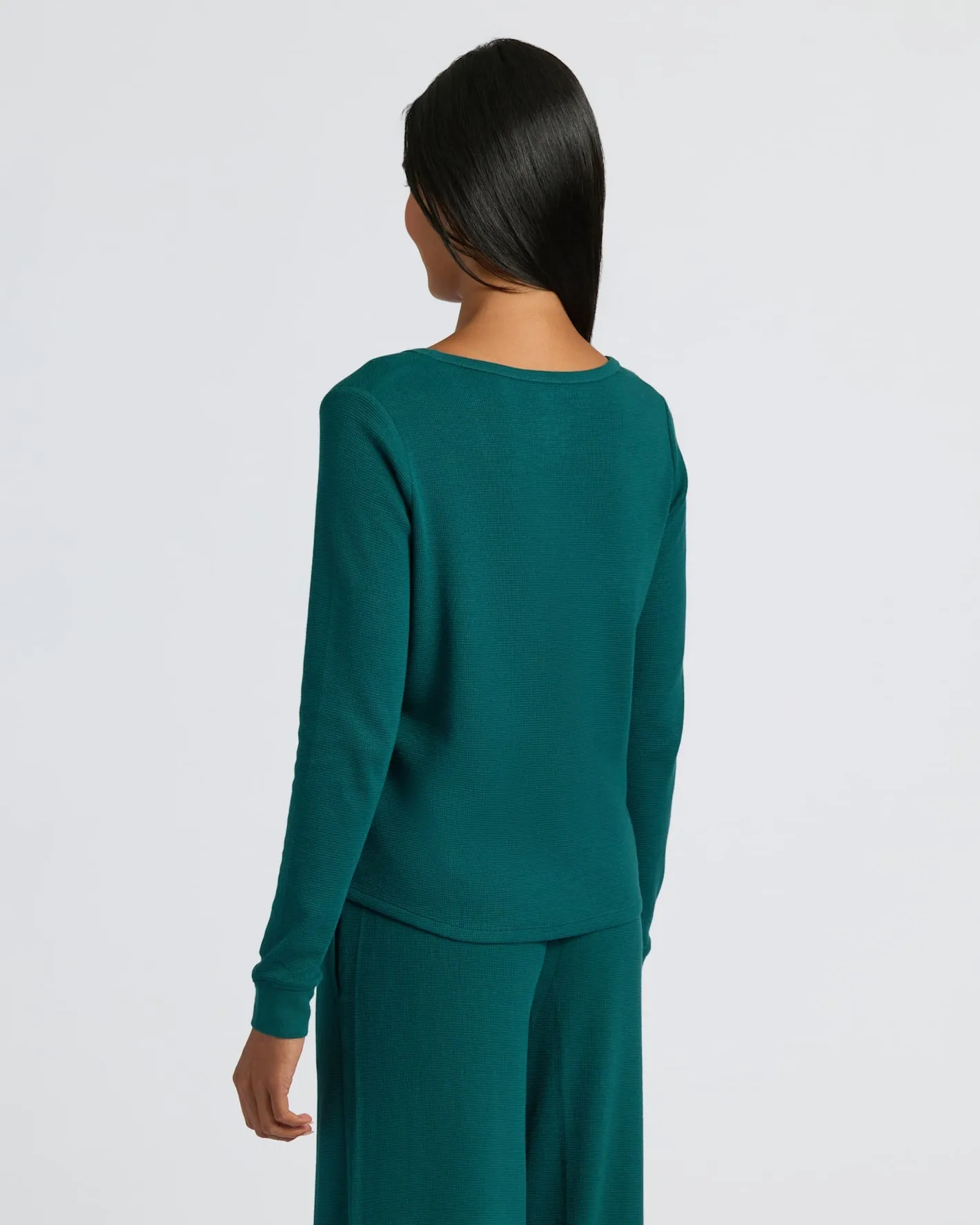 Womens Deep Emerald Waffle Long Sleeve Boxy Henley sold by True Classic product image thumbnail 3