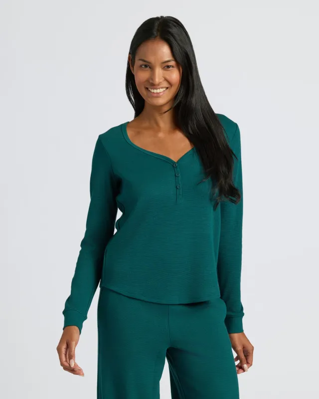 Womens Deep Emerald Waffle Long Sleeve Boxy Henley sold by True Classic