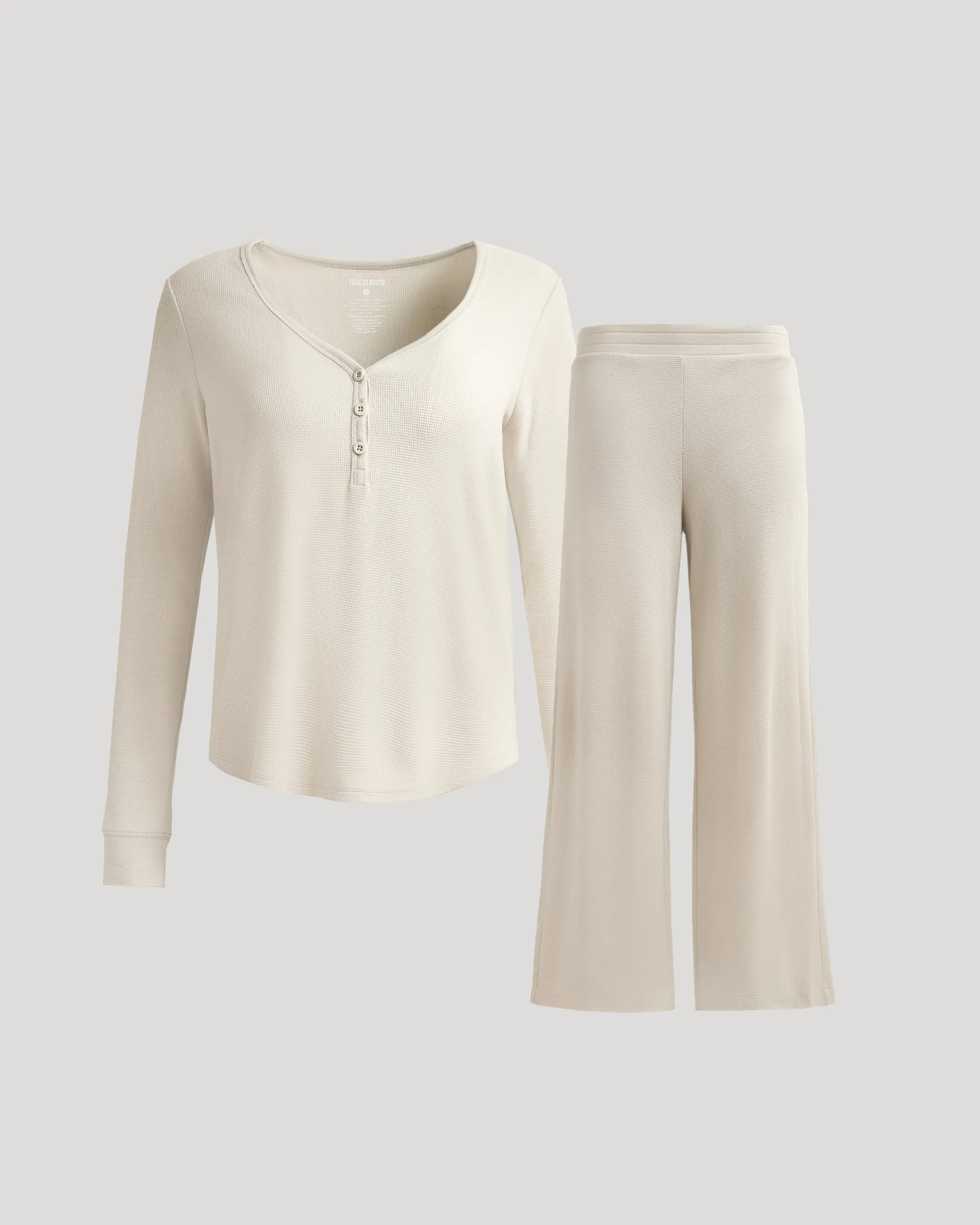 Womens Oatmeal Waffle Long Sleeve Henley & Waffle Leg Pant 2-Pack sold by True Classic