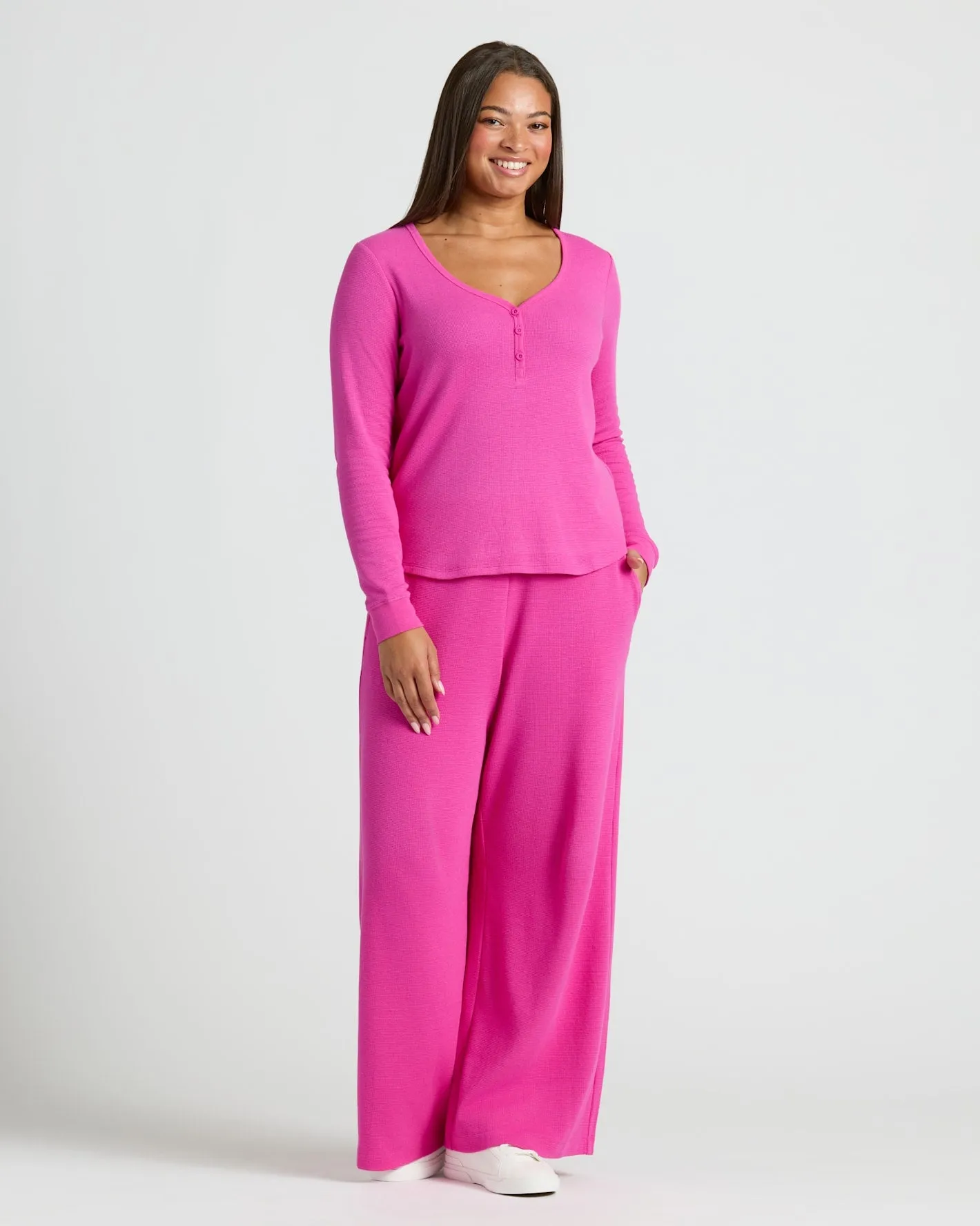 Womens Electric Fuchsia Waffle Long Sleeve Henley & Waffle Leg Pant 2-Pack sold by True Classic product image thumbnail 2
