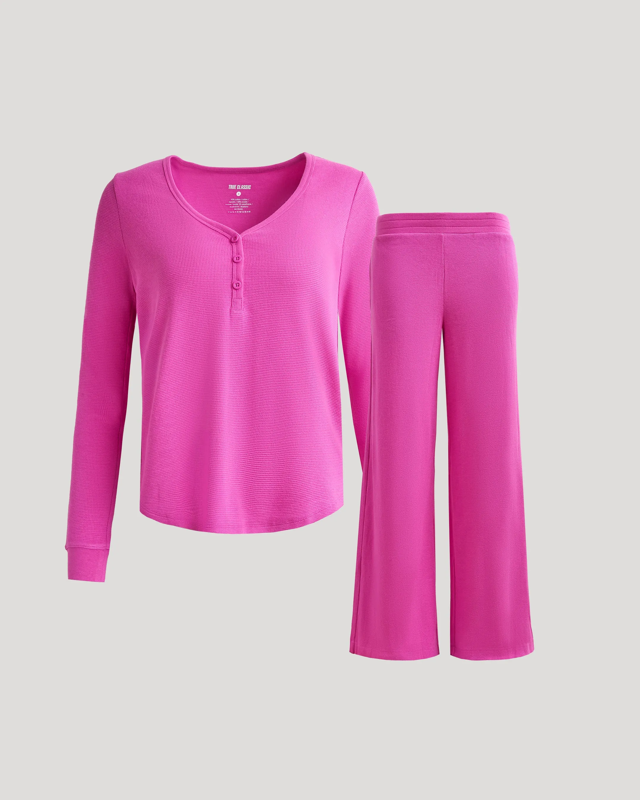 Womens Electric Fuchsia Waffle Long Sleeve Henley & Waffle Leg Pant 2-Pack sold by True Classic