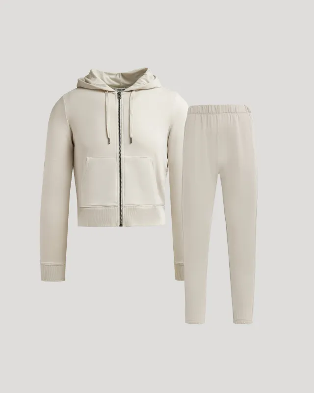 Womens Oatmeal Crop Zip Hoodie & Relaxed Jogger 2-Pack sold by True Classic