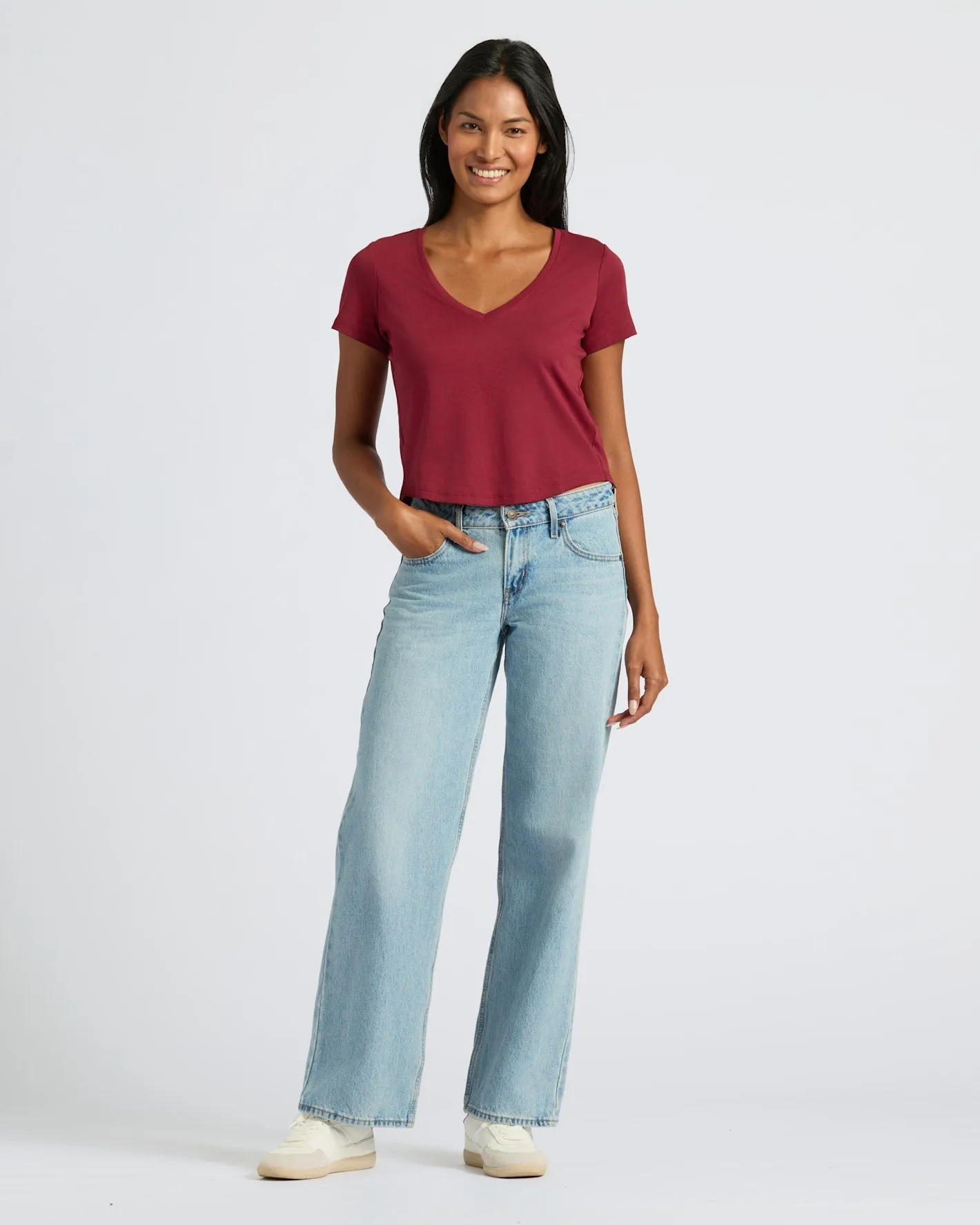 Womens Dark Maroon Cropped Boxy V-Neck Tee sold by True Classic product image thumbnail 2