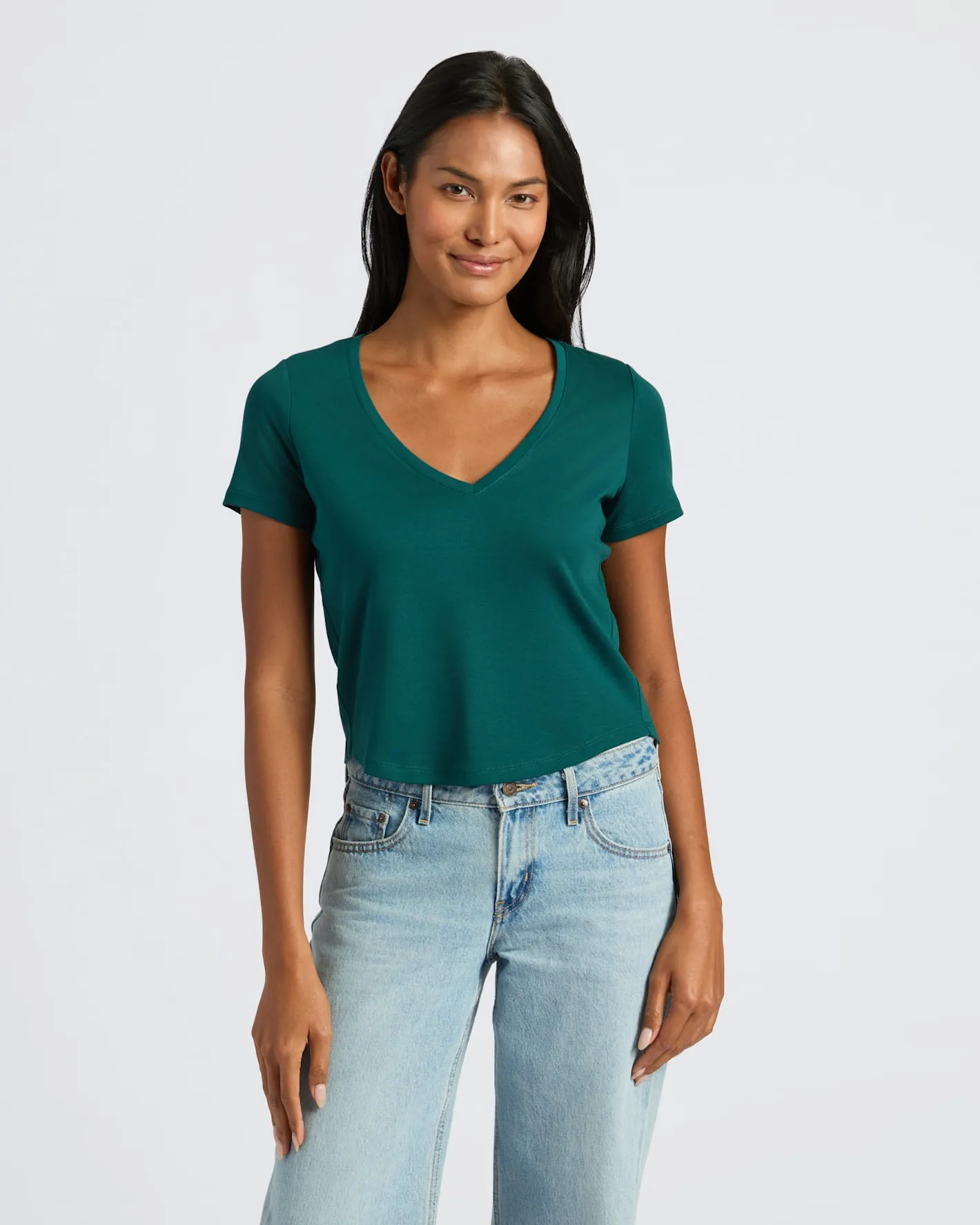 Womens Deep Emerald Cropped Boxy V-Neck Tee sold by True Classic